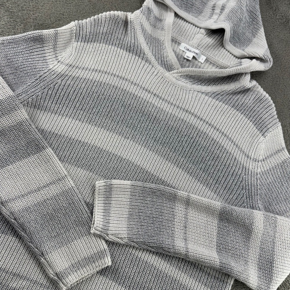 Calvin Klein Hooded Sweater Womens Large Grey Striped EUC Cotton Blend Knit